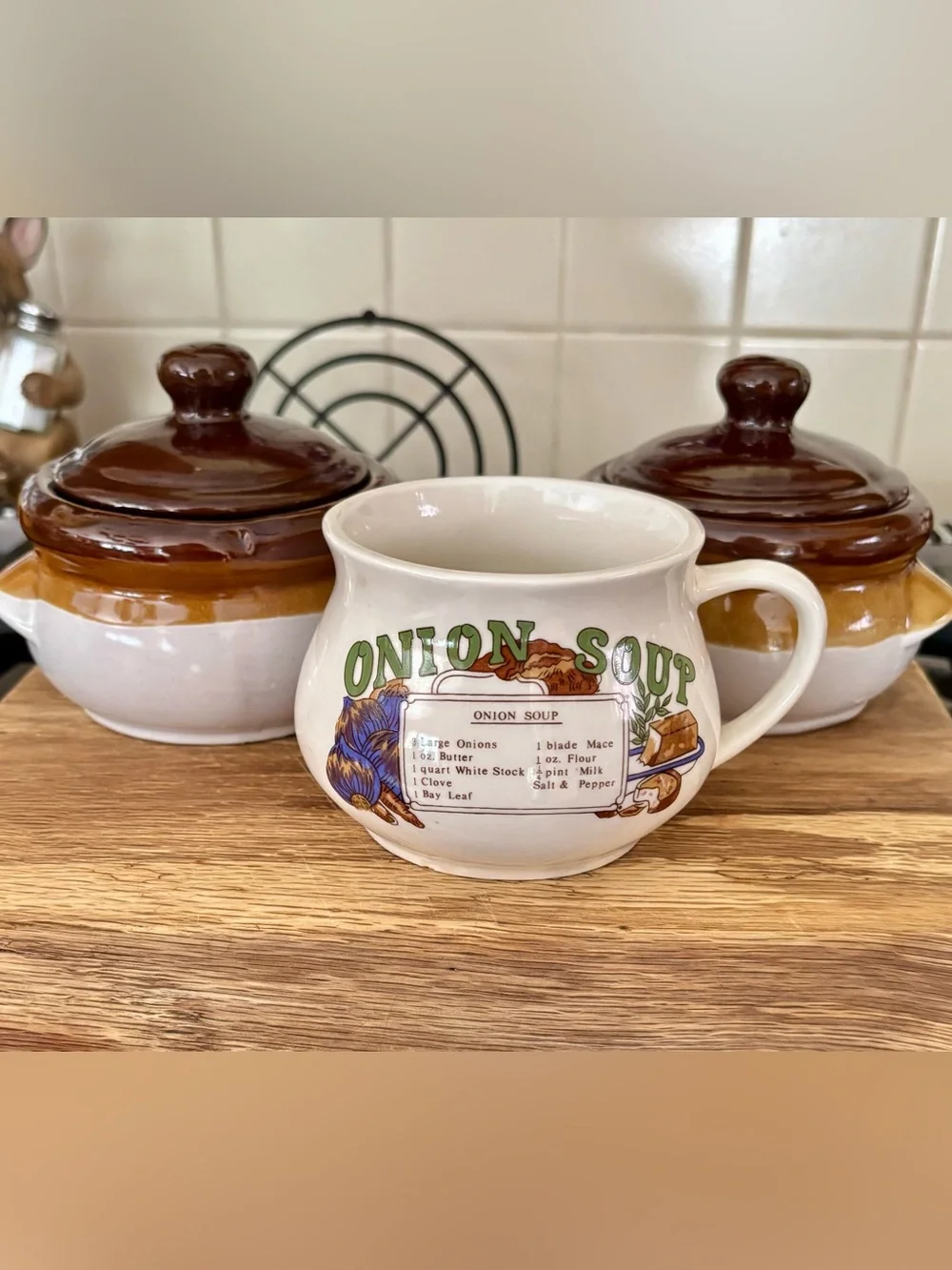 Onion Soup Ceramic Soup Mug - Cream with Green & Brown Graphics